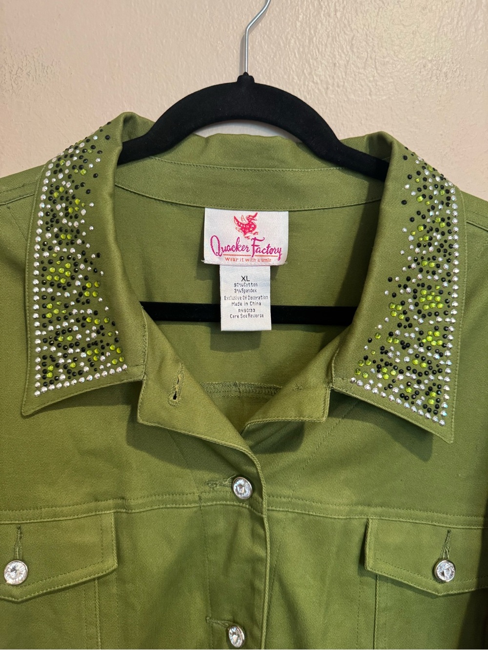 Artsy Quacker Factory Olive Green Rhinestone Embellished Collared Jacket - Picture 4 of 8